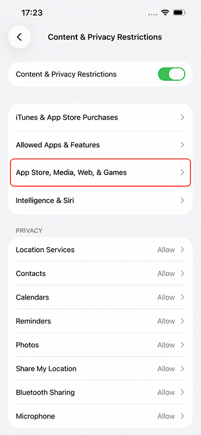 Select App Store, Media, Web, & Games