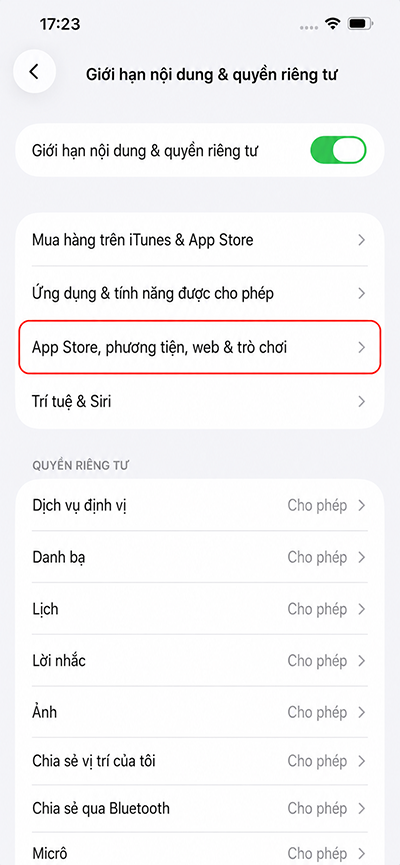 Chọn App Store, phương tiện, web và trò chơi