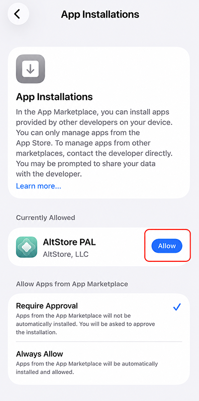 Tap Allow to install AltStore PAL