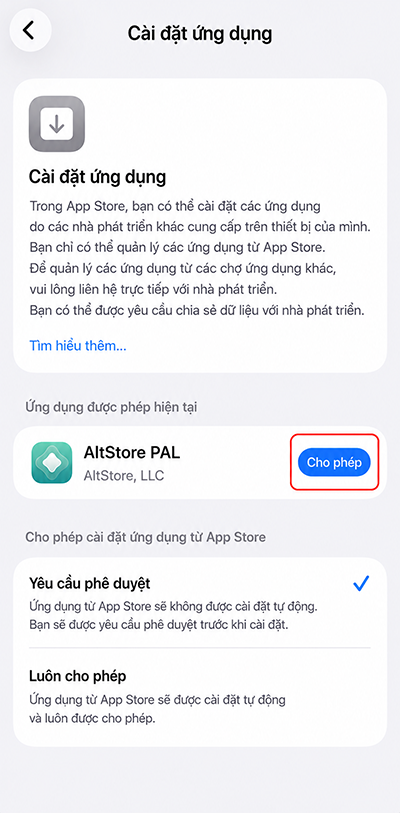 Chạm vào Cho phép để cài đặt AltStore PAL