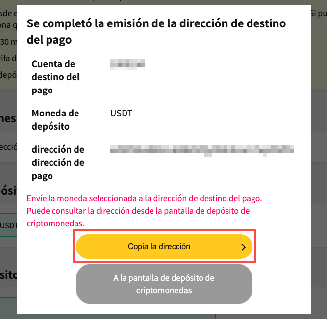 Pantalla de generación de dirección de depósito