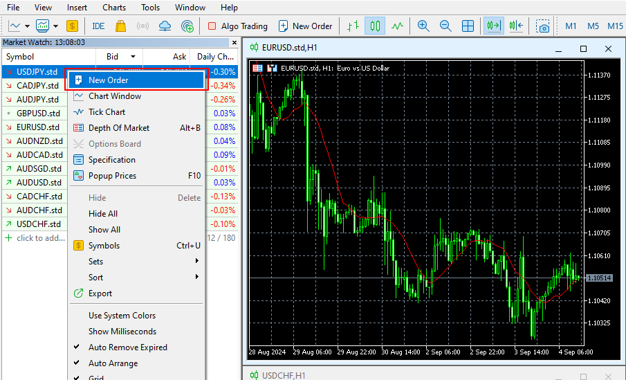 Placing Orders from the Market Watch