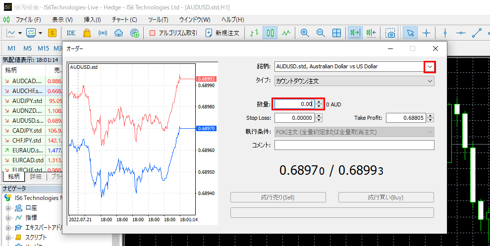 通貨ペアと数量