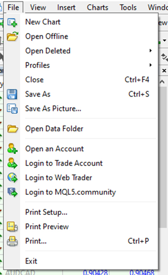 File menu items