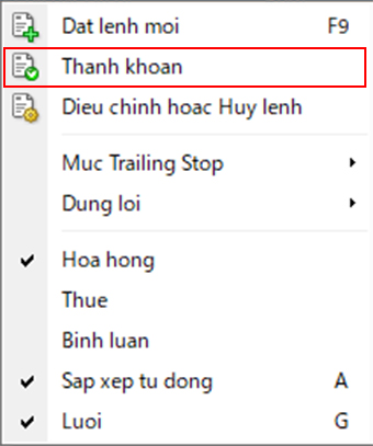 Chốt lệnh vị thế và xác nhận lãi lỗ
