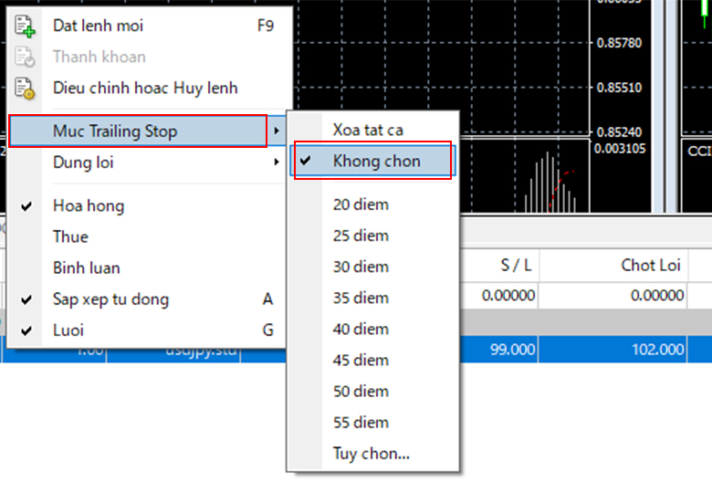 Cách hủy lệnh Trailing Stop